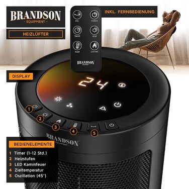 Електричний обігрівач Brandson з ефектом каміна: тихий, енергоефективний, з дистанційним керуванням, таймером, для ванної, вітальні, офісу, дитячої кімнати (чорний)