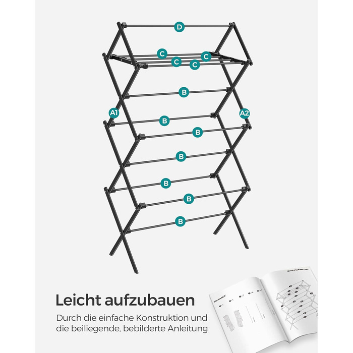 Стійка для сушіння білизни SONGMICS LLR770B01, складна, сталева, 37x75x135 см, для дому та вулиці