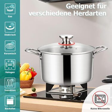 Каструля Homikit 20 см, 3.3 л, нержавіюча сталь з тришаровим дном, з кришкою з термостійкого скла, для всіх типів плит, не має покриття, здорове приготування, можна мити в посудомийній машині