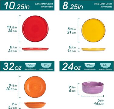 Dinnerware Set for 6, vancasso Bonita 18-Piece Tableware Set made of stoneware, bowl and plate set, round tableware combination set with 6 dinner plates, salad plates, and bowls each