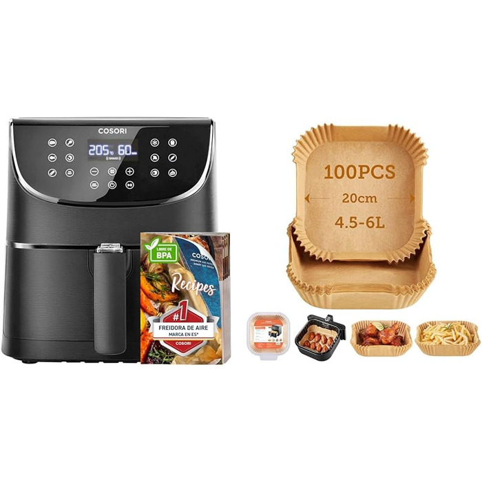 COSORI Air Fryer 5.5L XXL Hot Air Fryer with Digital LED Touchscreen, Baking Paper for Air Fryer 4.5-6L, 100 Pieces, 20cm 5.5L Black+yellow