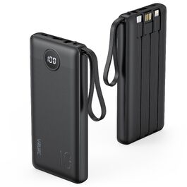 Повербанк VRURC 10000 mAh з 4 вбудованими кабелями, тонкий портативний зовнішній акумулятор (чорний)