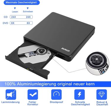 Зовнішній CD/DVD привід BU USB 3.0 & Type-C, DVD+/-RW Brenner з картридером SD/TF та USB-портами для ноутбука, ПК, MacBook, Windows 11/10, macOS, чорний