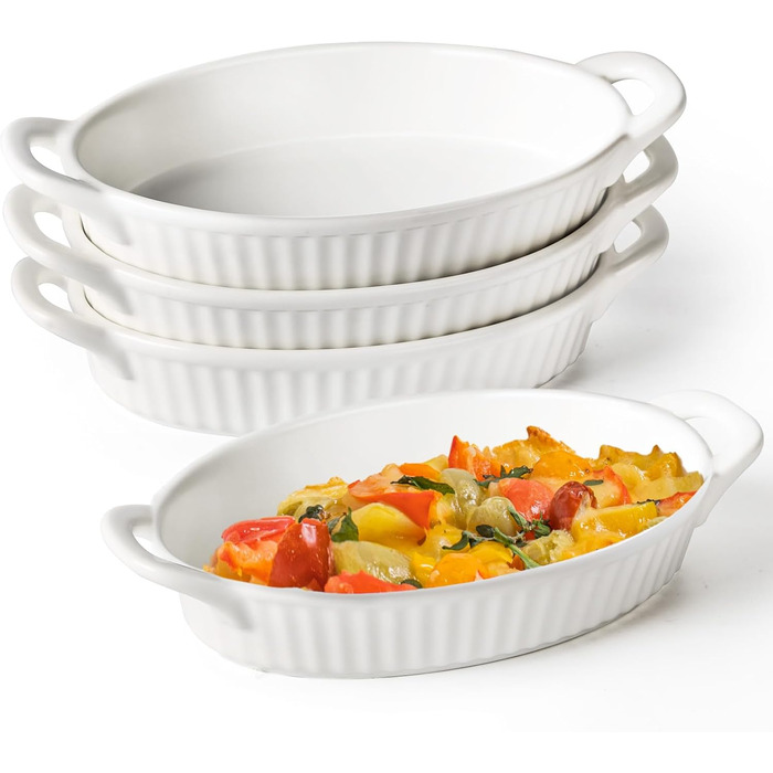 Frewinky Au Gratin Casserole Dish Set, Ceramic, with Handles, Heat-Resistant, Mini Casserole Dishes for Oven, Oval Porcelain Baking Dishes for Gratin, Casseroles and Roasting, 4-Piece Set, White 4 PCS White (Soft White)