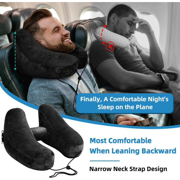 Подушка для шиї у вигляді літака, надувна туристична подушка для подорожей, авто, офісу (чорна)