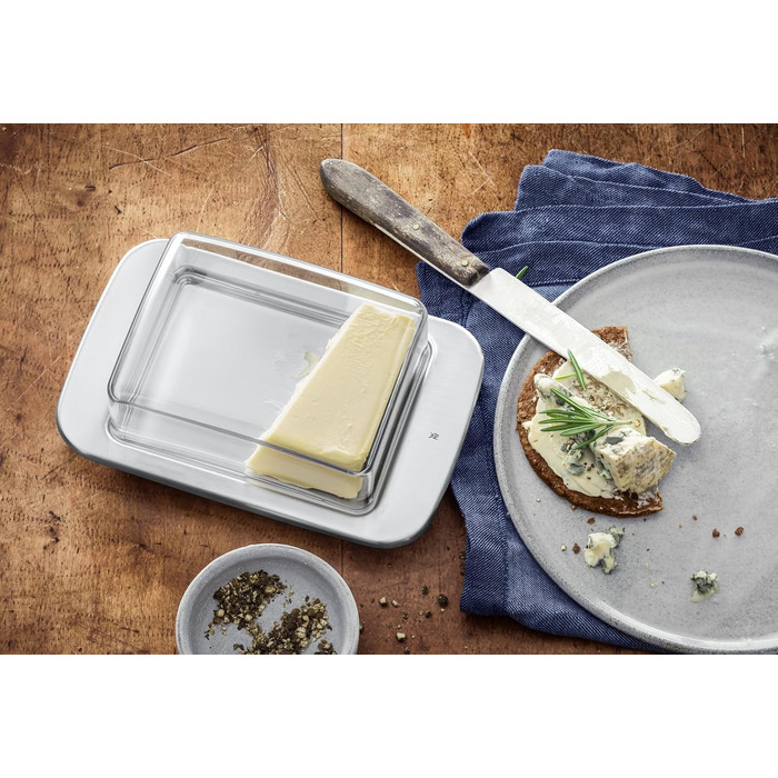 WMF Loft Brunch Butter Dish, Stainless Steel 11.5 x 16.8 cm, with Plastic Lid, Brushed Cromargan Stainless Steel, Dishwasher Safe