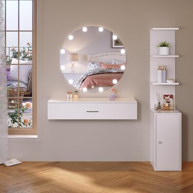 Туалетний столик SONNI з LED-підсвіткою, дзеркалом HD, 10 рівнями яскравості, 3 кольори, з шухлядами, косметичний столик-комод для спальні, білий, 30x58x160 см