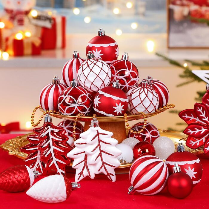 Набір прикрас для ялинки Shareconn: 106 кульок у 24 кольорах, безпечні, для ялинки, святкування, весілля (рубіново-червоний та білий)