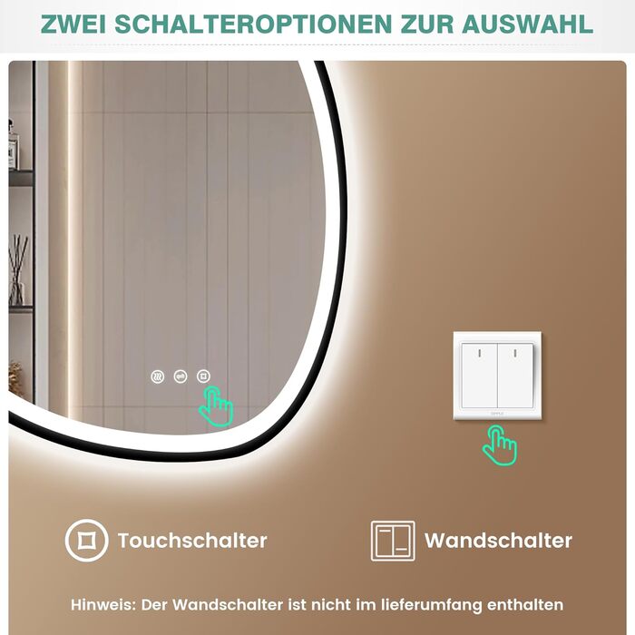 Дзеркало з підсвіткою, асиметричне LED, 75x55 см, з сенсорним вимикачем, антизапар, 3 кольори світла, регулювання яскравості, функція пам'яті, чорний (горизонтальне/вертикальне)