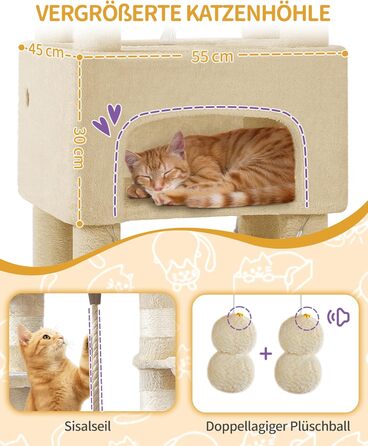 Кігтеточка для котів Hzuaneri 176 см, XL, 3 платформи, 2 печери, 7 стовпчиків, гамак, плюшеві кульки, для багатокотових домівок, MS17618SG (Бежевий)