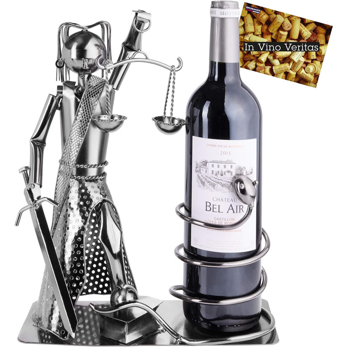 BRUBAKER Wine Bottle Holder Justice with Snake - Metal Sculpture Bottle Stand - Metal Figure Wine Gift for Lawyers, Judges, Attorneys, Law Firm - with Greeting Card