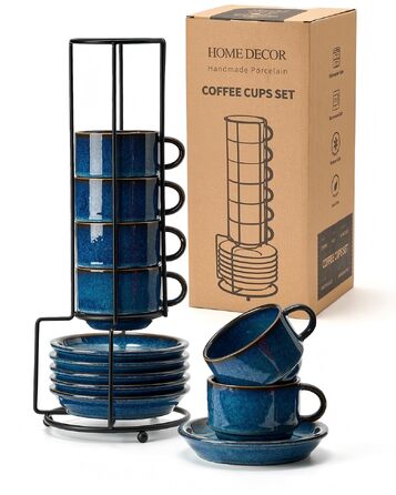 Набір кавових чашок Home Decor Espresso (6 шт) 140 мл, з підставками та стійкою, кераміка, реактивна глазур блакитного кольору для еспресо, капучино, лате