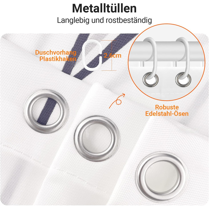 Штора для душу Weizenohr 180x200 см, з утяжеленим краєм, антигрибкова, водовідштовхувальна, поліестер, з кільцями (1 шт)
