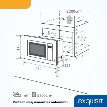 Вбудована мікрохвильова піч Exquisit EMW20-DG-020 | 800 Вт, 1000 Вт гриль, 8 автопрограм, діаметр обертового столу 27 см, нержавіюча сталь, чорний колір, ручне керування