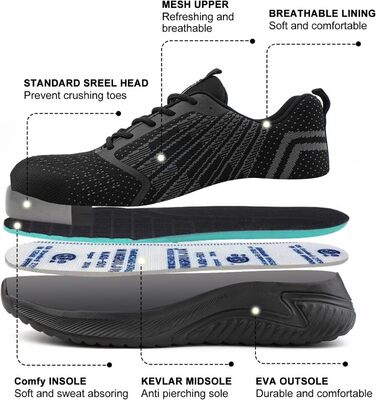 Черевики робочі чоловічі/жіночі Hitmars, захисні черевики зі сталевим підноском, зручні кухарські черевики, легкі черевики, черевики для дахів, чорні/сині, EU36-48 (46 EU, чорні робочі черевики)