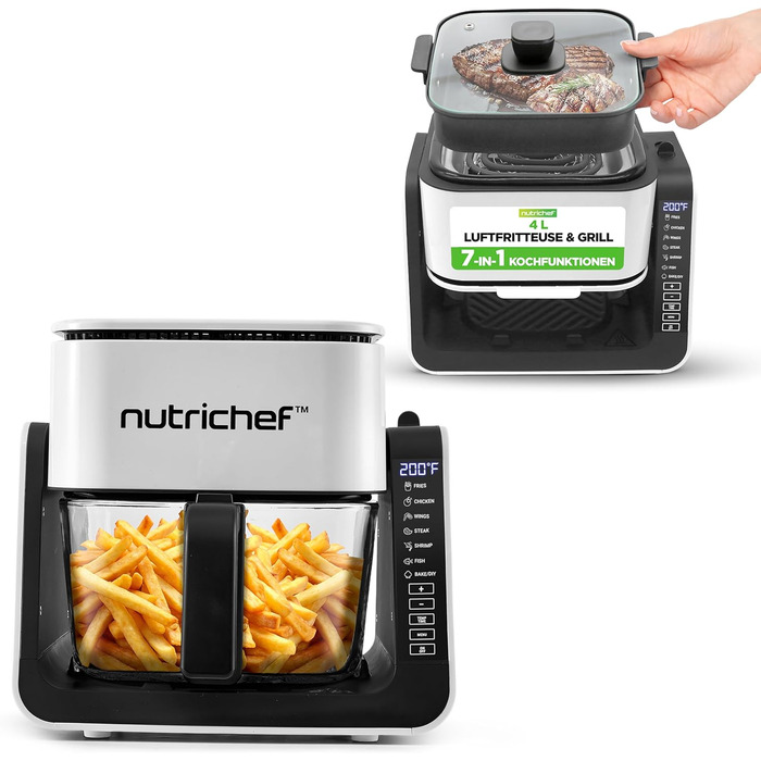 Фритюрниця NutriChef з подвійною камерою, 8л, Airfryer, з вікном, 360°C, 9 програм, антипригарне покриття, миється в посудомийній машині, для смаження, гриля та випікання, 1700W