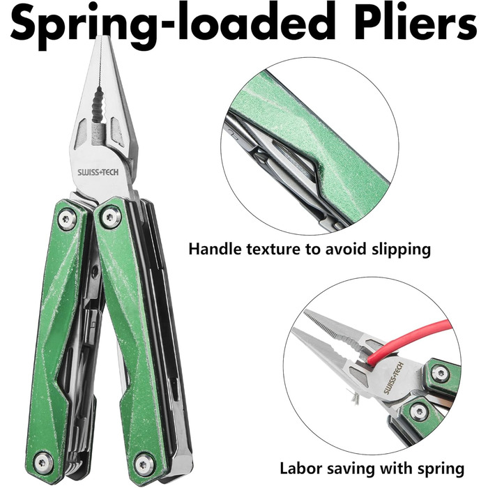 Мультитул Swiss+Tech 16-в-1 з нержавіючої сталі з ножем, пилкою, плоскогубцями, викрутками та ножицями для кемпінгу, відпочинку та ремонту, з чохлом, вінтажний зелений