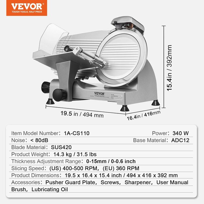 Електричний слайсер VEVOR 340W для м'яса, сиру, овочів - професійний шматоріз з лезом 25.4 см, регулювання товщини 0-15 мм