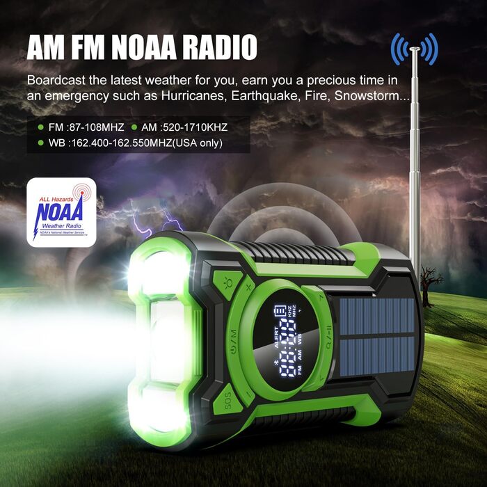 Радіо на сонячній батареї 5000 mAh з Bluetooth, Powerbank, ручним заводом, світильником LED та USB - для надзвичайних ситуацій
