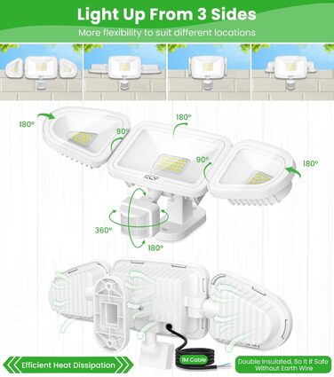 CLY 42W LED Floodlight with Motion Sensor and Remote Control, 3600LM 6500K Cool White Outdoor Floodlight with Adjustable 3 Heads LED Floodlight IP66 Waterproof Spotlight Floodlight for Garage Terrace