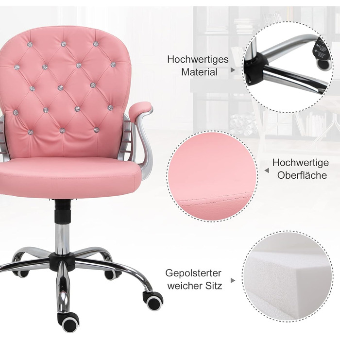 Крісло Vinsetto для дому та офісу: регульоване, обертове, рожеве, з штучної шкіри (до 120 кг)