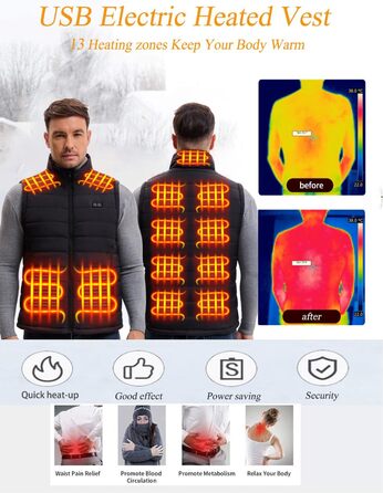 Обогріваючий жилет для чоловіків та жінок з акумулятором, 13 зон обігріву, 3 режими температури, чорний, L