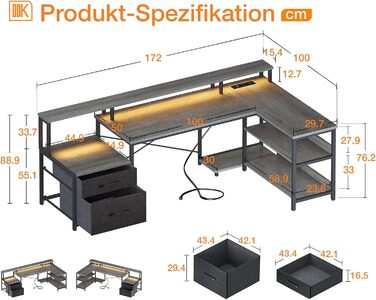 Кутовий стіл ODK L-подібної форми з ящиками, реверсивний, великий, з LED-підсвічуванням та розеткою, 189.3×100 см (Колір: Сіра береза)