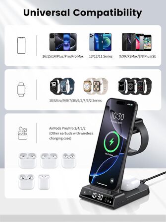 Зарядна станція 3-в-1 для Apple: iPhone 16/15/14, Apple Watch 10/9/8/7/6/SE та AirPods Pro/4. Бездротова зарядка