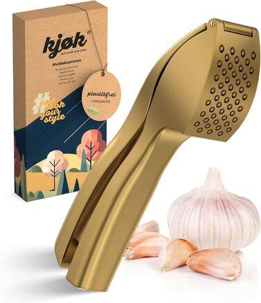 Преміум-прес для часнику Kjøk - з цинкової сплави, хромоване покриття, професійний, для миття в посудомийній машині, стильний, подарунок на День Матері (золотий)