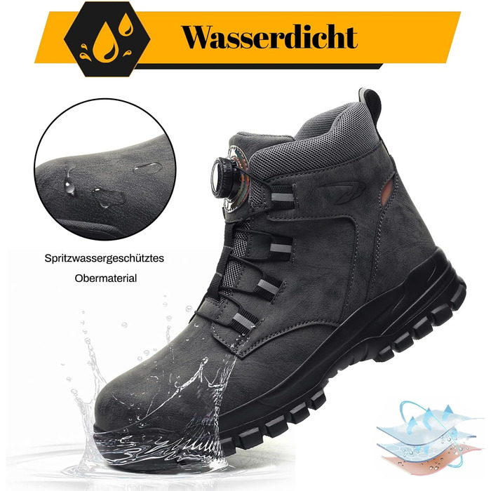 Черевики безпеки чоловічі/жіночі водонепроникні робочі черевики високі. Безпечні черевики з неслизькою підошвою, легкі черевики зі сталевим підноском та застібкою-обертом (43 EU, сірий)