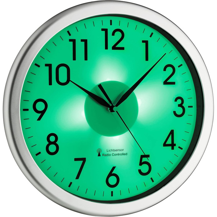 TFA Dostmann Analog Radio Wall Clock, 60.3519.02, with green backlight, quiet movement, radio clock plastic, silver, L 308 x W 43 x H 308 mm