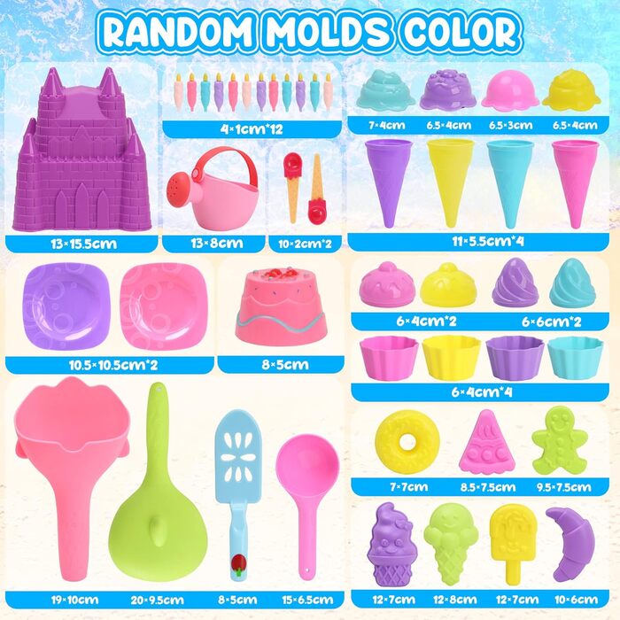 Joyreal 48-Piece Sand Toy ICE Set Girls Boys - Sandbox Toys Beach Toys Kids with Castle Bucket, Sand Shovel, ICE Cream, Dessert, Vehicle for Kids 3 4 5 6 7 Years