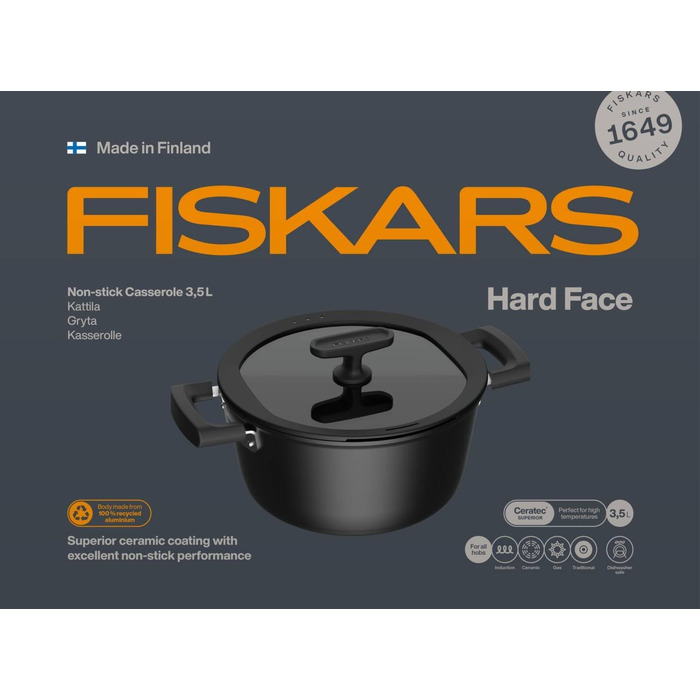 Каструля Fiskars Hard Face з кришкою, 1,8 л, 18 см, антипригарна, алюміній, для всіх плит