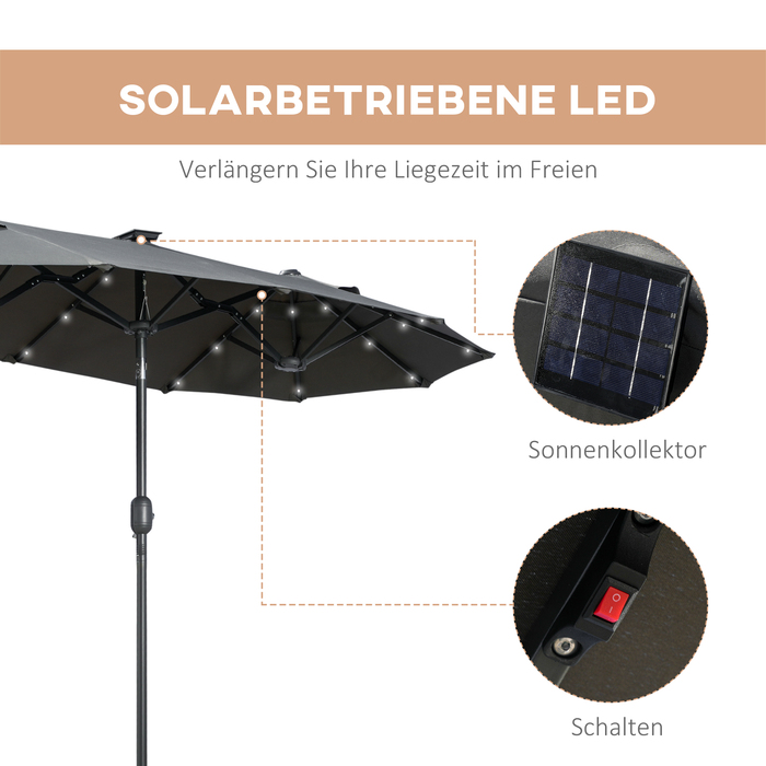 Сонцезахисний парасолька Outsunny Doppelsonnenschirm, 295 x 219 см, парасолька з LED-підсвічуванням, овальна, вітростійкий садовий парасоль, стабільний, парасолька для ринку з регульованим кутом нахилу для тераси, басейну, поліестер, сталь, темно-сірий | 