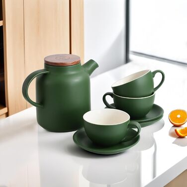 Набір кавових чашок Капучіно Yundu 4шт по 300мл - керамічні чашки з блюдцями, матові темно-зелені відтінки для лате-арту та бариста, великий набір мока чашок та блюдець