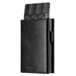 Шкіряний картхолдер VULKIT RFID захист, поп-ап механізм, відділення для готівки, документів та монет, магнітний замок, чорний