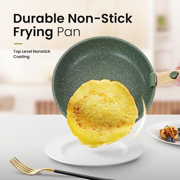 Набір каструль та сковорідок Kitchen Academy 10 предметів з знімними ручками. Підходить для всіх типів плит, включаючи індукційні. Сковороди 20/25 см, каструля 18 см. Колір: зелений