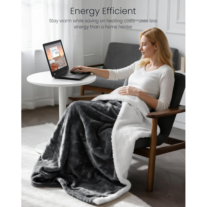 Електрична ковдра AnySun з підігрівом 180x130 см з автовимкненням, 6 режимів нагріву, таймер 10 годин, захист від перегріву, для ліжка, дивану, машинне прання, сіра