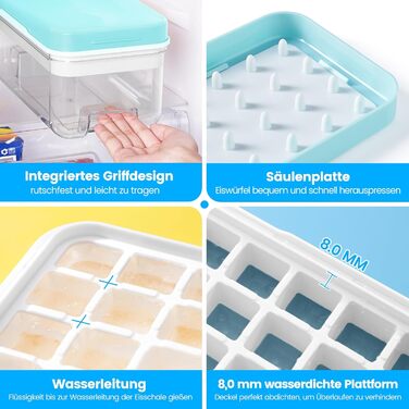 Ice cube mold, ice cube container, 96 ice cubes, ice cube mold with lid, with 3 trays, easy push to release ice, leak-proof, cooling for cocktails, whisky, coffee, blue