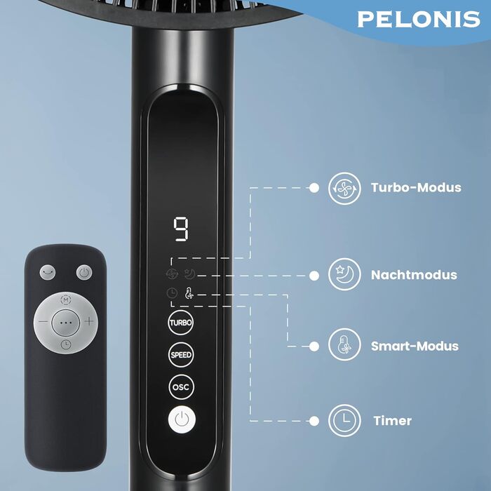 Турбовентилятор PELONIS з пульт дистанційного керування, дисплеєм, 3D циркуляцією, 36.5dB, 10м повітряний потік, регульована висота 60/111см, 4 режими з таймером, знімний захист, поворотний, 76см, оранжевий