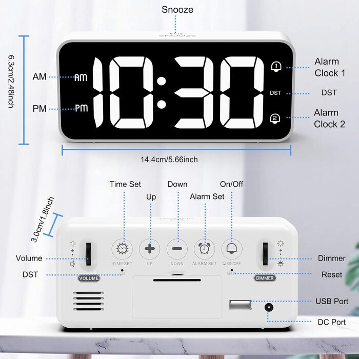LED-годинник з будильником LATEC з двома тривогами, USB-зарядкою, регулюванням яскравості та гучності, 8 мелодій, 12/24 год, мережевий