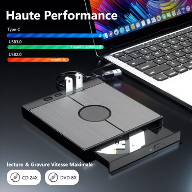 Зовнішній CD/DVD-привід для ПК USB 3.0 Type-C з 4 USB-портами та картридером SD/TF, тонкий багатофункціональний DVD-RW накопичувач для Windows 11/10/8/7/XP
