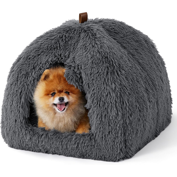 Ліжко для котів BEDSURE велике, 44x44x44 см, сіре. З м'якою подушкою та іграшкою. Легко миється. Внутрішній будиночок для кота.