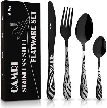 Набір столових приборів CAMRI – 16 предметів, нержавіюча сталь, набір для 4 осіб, легко миється (креузо-чорний візерунок)
