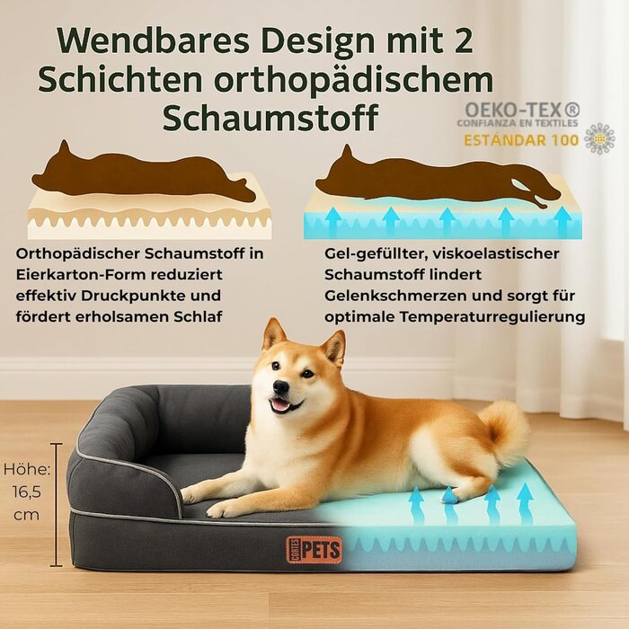Ортопедичне ліжко для собак середніх та великих порід CORTESPETS® - зручне собаче ліжко з Memory Foam, водонепроникним покриттям та знімним чохлом. Розмір: 90 x 64 x 17 см