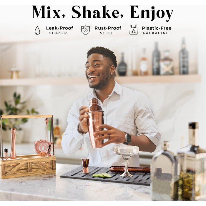 Набір бармена для приготування коктейлів Rose Gold 24oz: 12 предметів, дерев'яний підставник, рецепти, професійний барний аксесуар