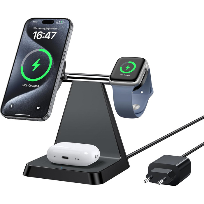 Бездротовий зарядний пристрій MagSafe 3-в-1 для iPhone: зарядка для Apple Watch та AirPods, сумісний з iPhone 16/15/14/13/12 (Білий/Чорний)