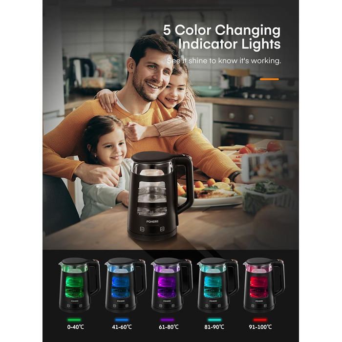 Electric Kettle with Temperature Control - 1.7L Glass Kettle with Keep Warm Function, 2200W Fast Boil, Auto Shut-Off & Dry Boil Protection, 5 Color LED Lights - Black