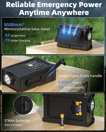 Радіо Kurbelradio на сонячній енергії та з ручним приводом | DAB/DAB+/UKW, Bluetooth 5.0 | Радіо для надзвичайних ситуацій з сонячною панеллю 8500 мм² та ручним приводом 650 мА | Портативне динамо-радіо з сонячною батареєю | Ліхтар та зарядний пристрій | 
