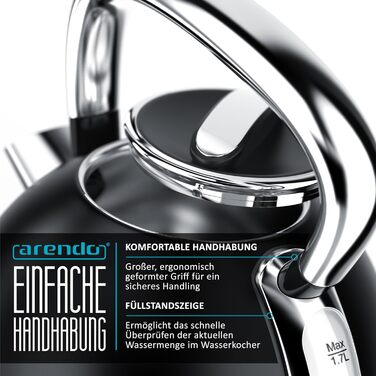 Електричний чайник Arendo з регулюванням температури, LED дисплеєм та сенсорною панеллю, ретро-дизайн, 1,7 л, функція підтримки тепла, вимірювання температури, змінний фільтр від накипу, чорний